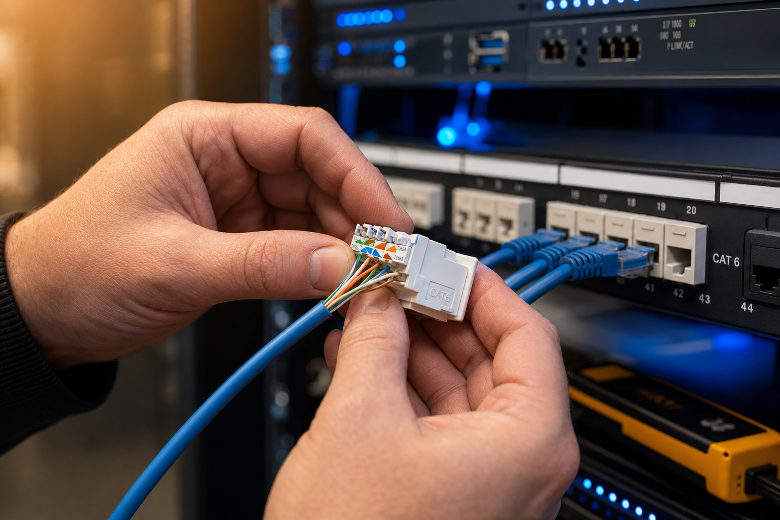 Colbern technician terminating Cat6 cable in a network rack